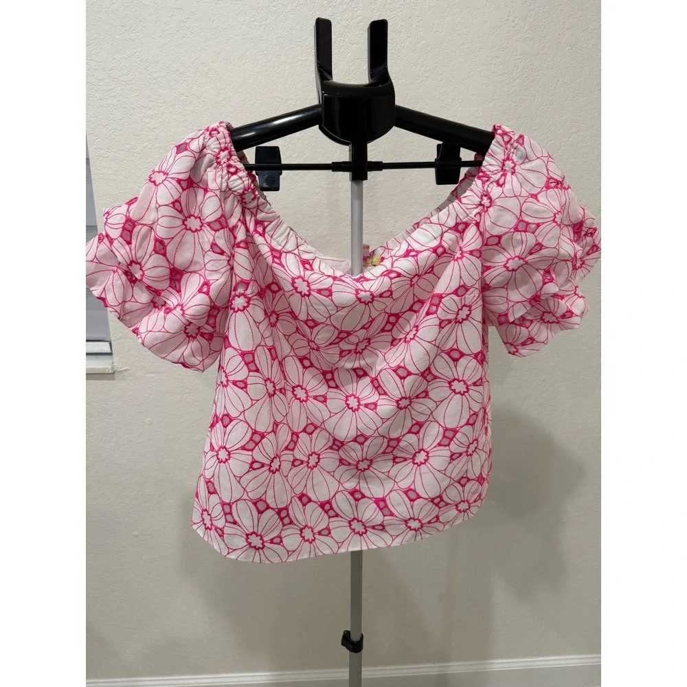 Lilly Pulitzer Lesley Top Raz Berry Botanical Chiffon Eyelet Pink‎ White L NWT